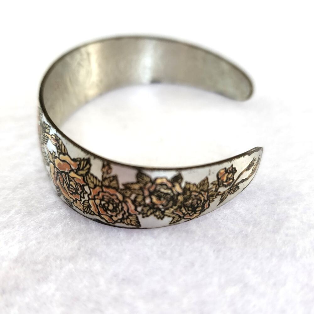 Reed & Barton Damascene Rose Cuff Bracelet Gold Tone Floral Vintage - Picture 2 of 9